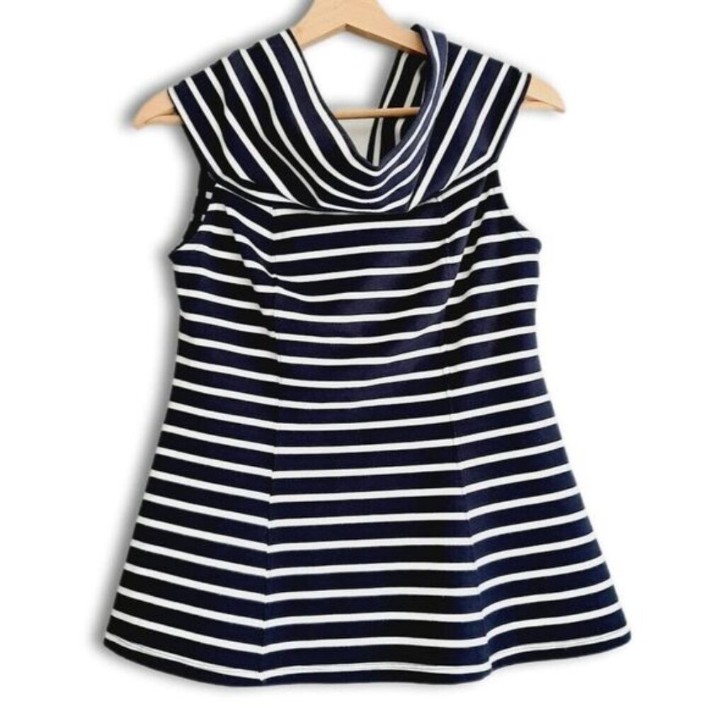 MAEVE Anthropologie Structured Off-The-Shoulder Top Blue & White Sz S Flawed